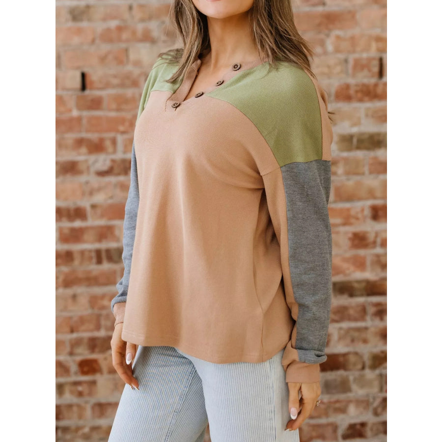 Color Block Thermal Textured Knit Drop Shoulder Henley Top Apparel and Accessories
