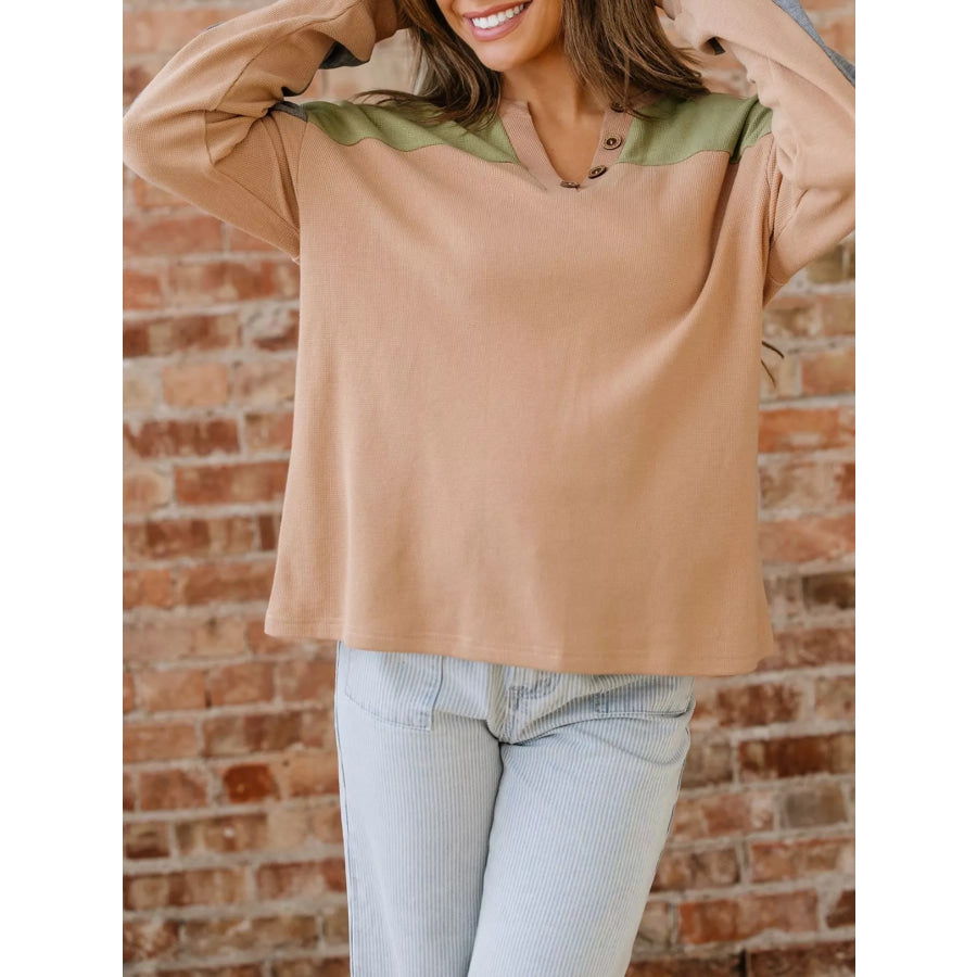 Color Block Thermal Textured Knit Drop Shoulder Henley Top Apparel and Accessories