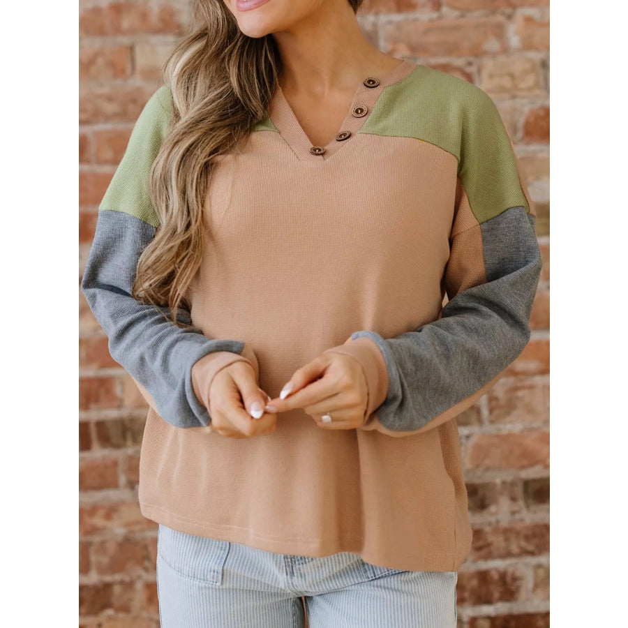 Color Block Thermal Textured Knit Drop Shoulder Henley Top Apparel and Accessories