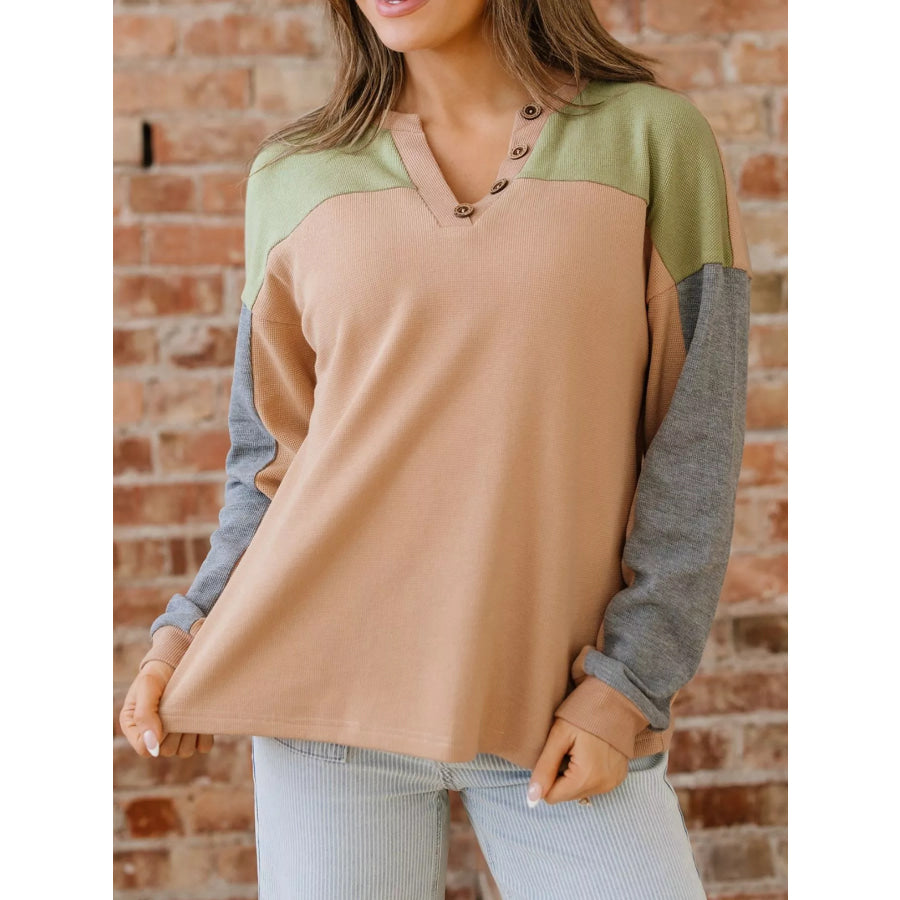 Color Block Thermal Textured Knit Drop Shoulder Henley Top Camel / S Apparel and Accessories