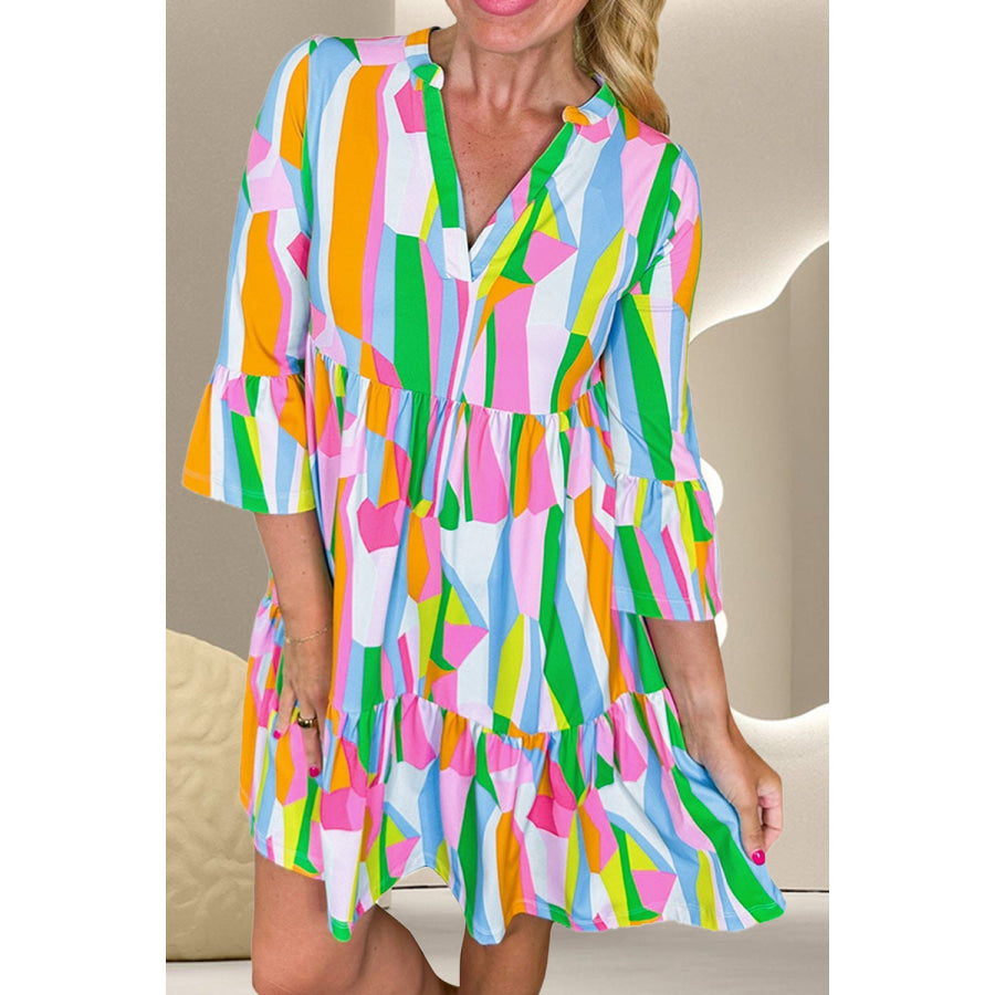 Color Block Three-Quarter Sleeve Mini Dress Green / S Apparel and Accessories