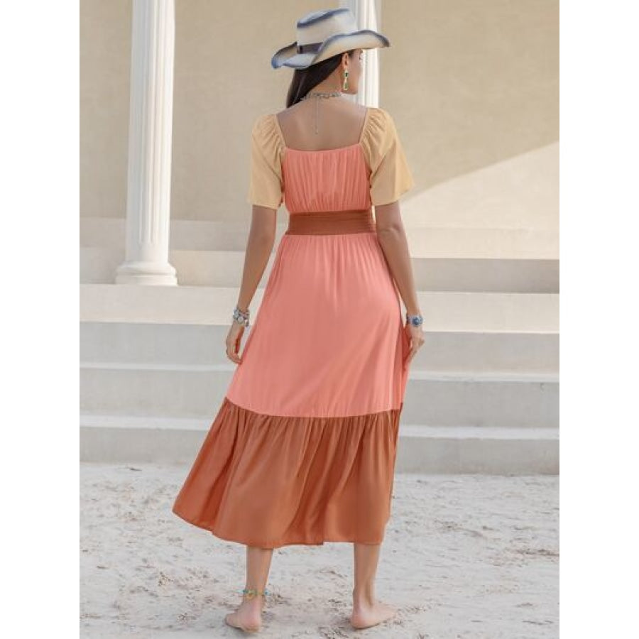 Color Block Tie Front Smocked Midi Dress Coral / S Clothing