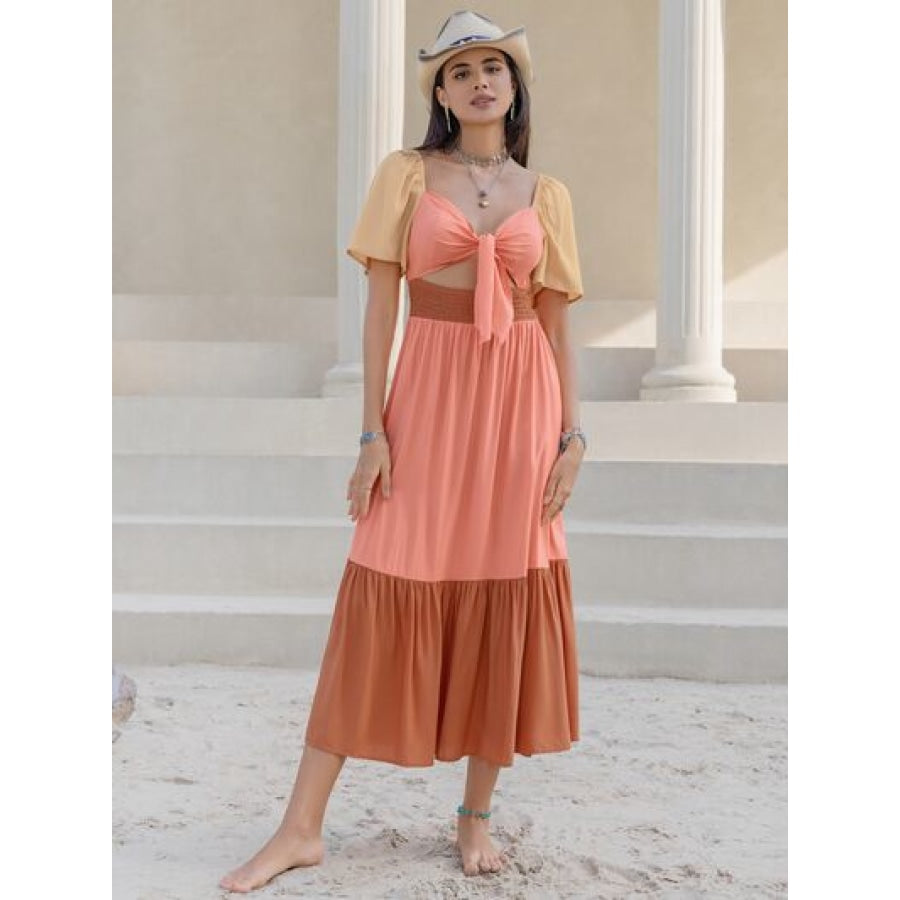 Color Block Tie Front Smocked Midi Dress Coral / S Clothing