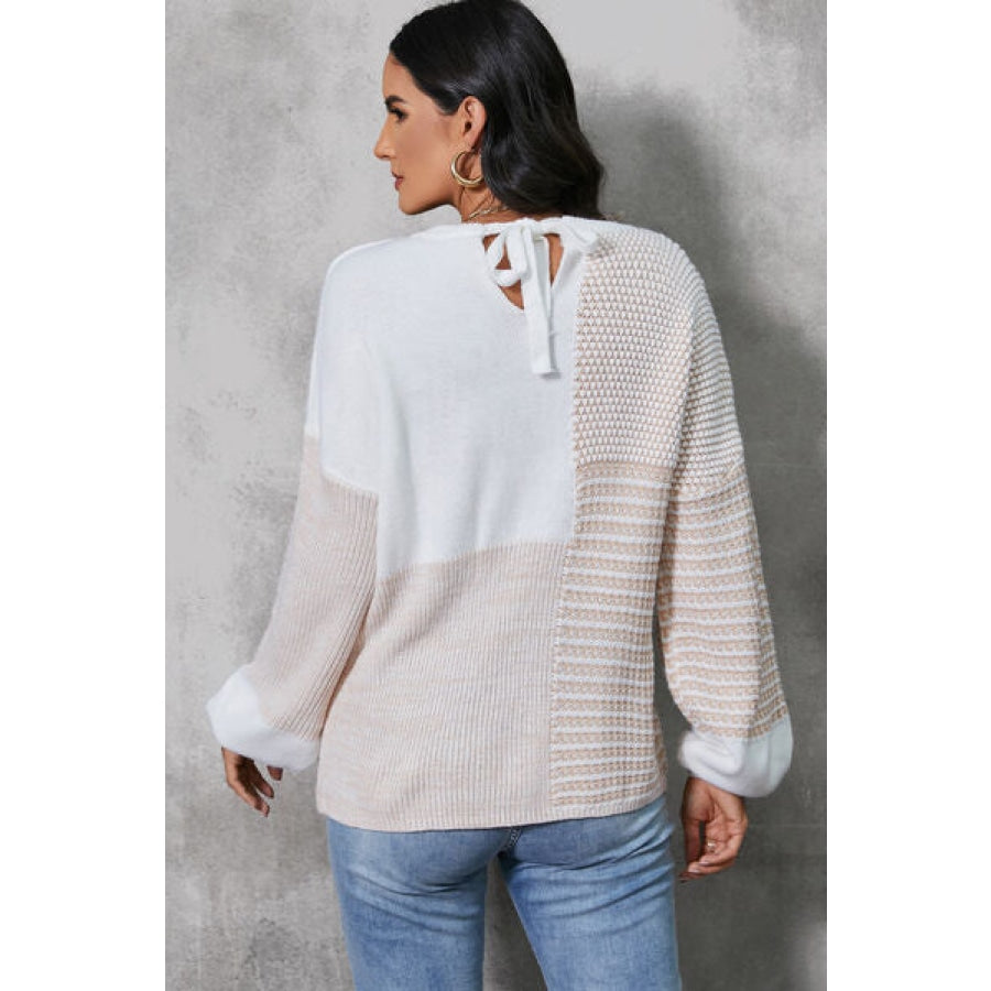 Color Block Tied Dropped Shoulder Sweater White / S Apparel and Accessories