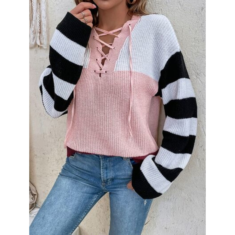 Color Block Tied Dropped Shoulder Sweater Clothing