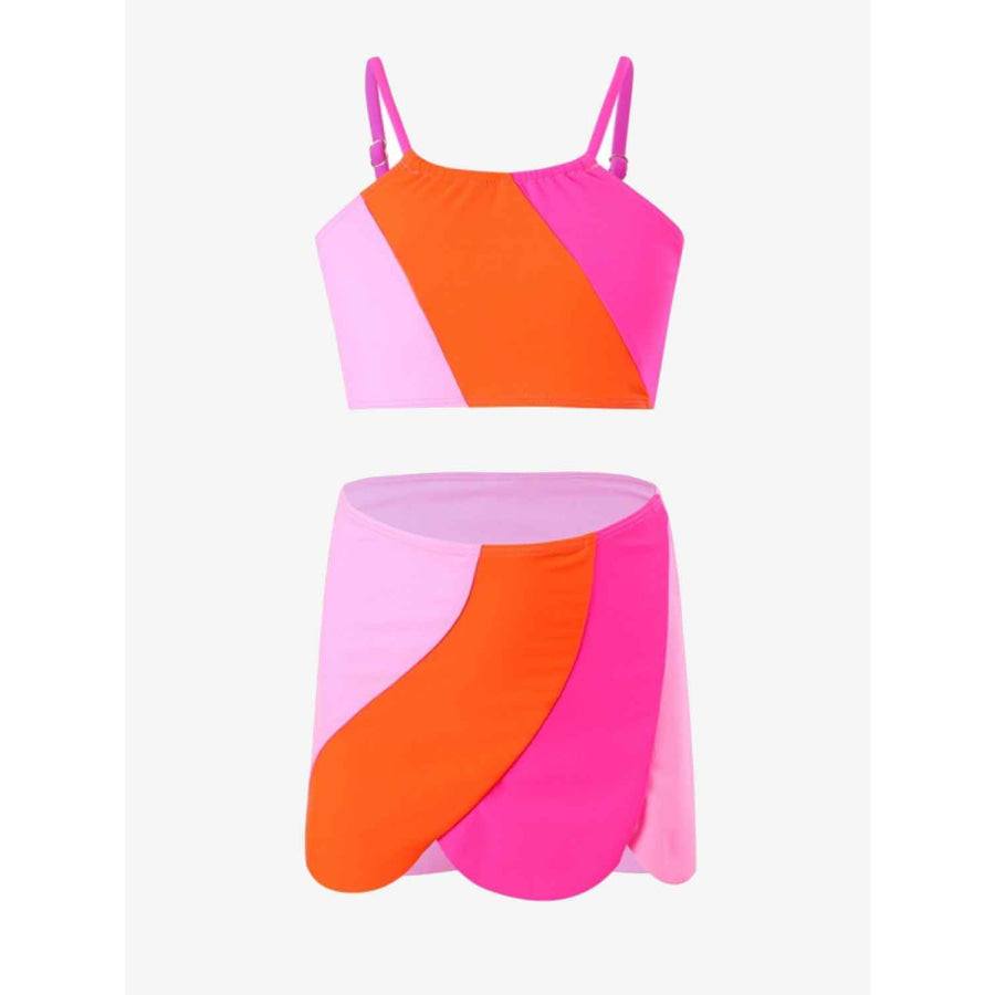 Color Block Top Brief and Skirt Swim Set Carnation Pink / 2 - 3 Apparel Accessories