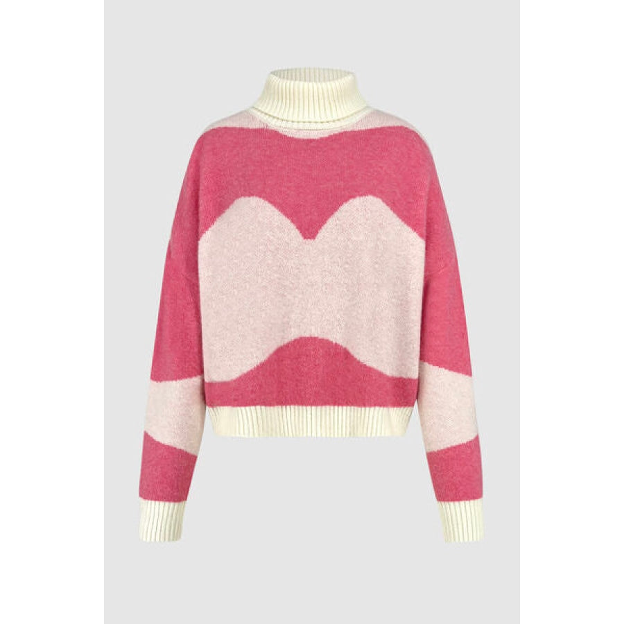 Color Block Turtleneck Dropped Shoulder Sweater Fuchsia Pink / S Apparel and Accessories