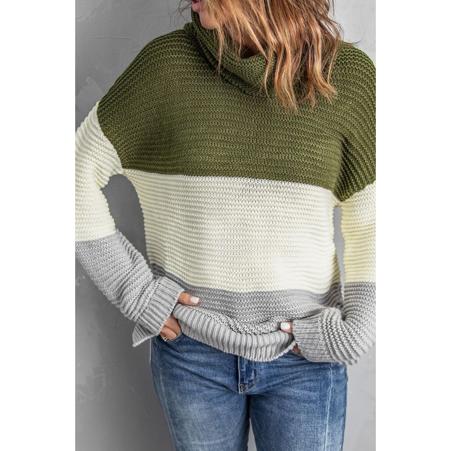 Color Block Turtleneck Long Sleeve Sweater Apparel and Accessories