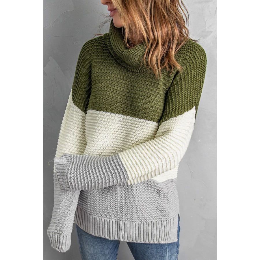 Color Block Turtleneck Long Sleeve Sweater Apparel and Accessories