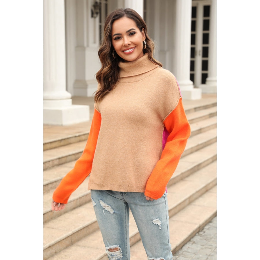 Sandee Rain Boutique Color Block Turtleneck Slit Sweater Trendsi