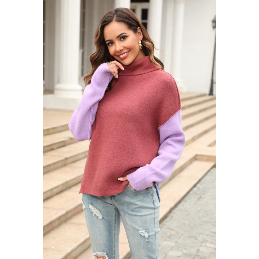 Color Block Turtleneck Slit Sweater