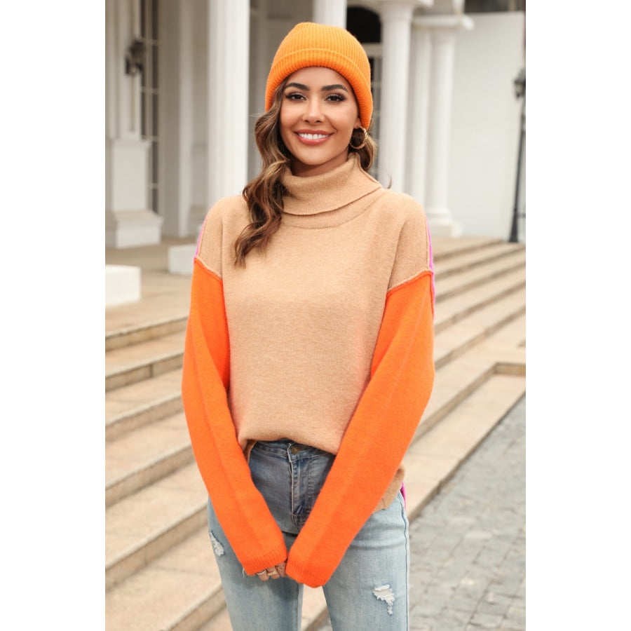 Color Block Turtleneck Slit Sweater