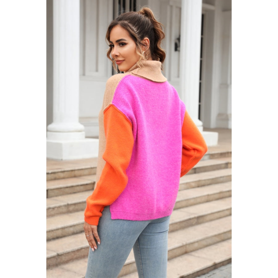 Color Block Turtleneck Slit Sweater