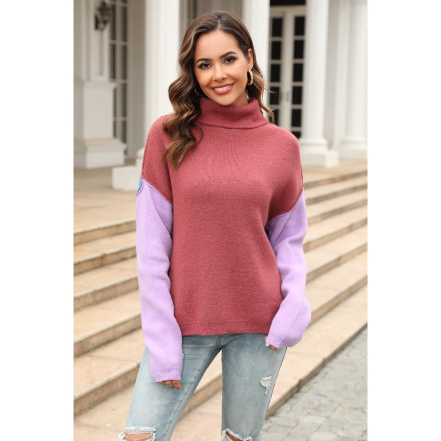 Color Block Turtleneck Slit Sweater