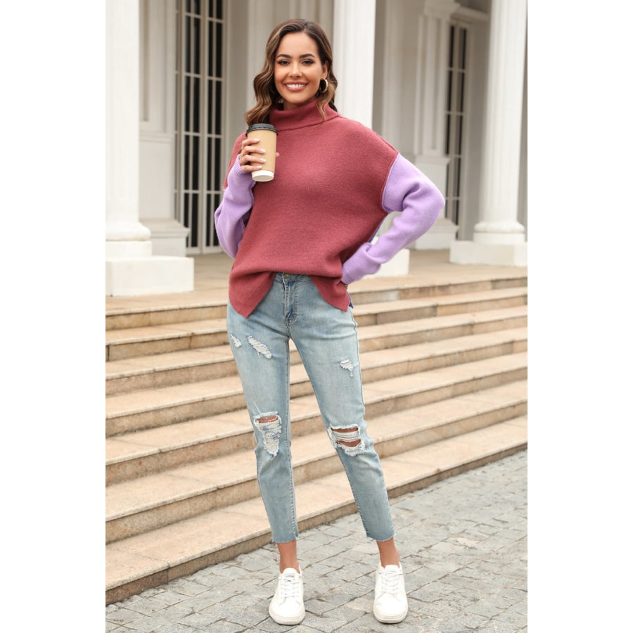 Color Block Turtleneck Slit Sweater