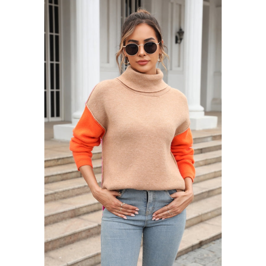 Color Block Turtleneck Slit Sweater