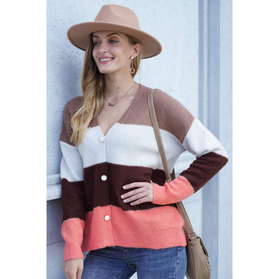 Color Block V-Neck Button Down Cardigan Safety Orange / S