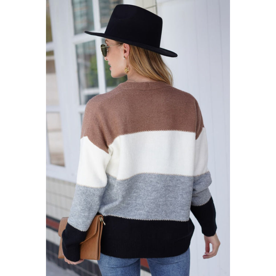 Color Block V-Neck Button Down Cardigan Black / S