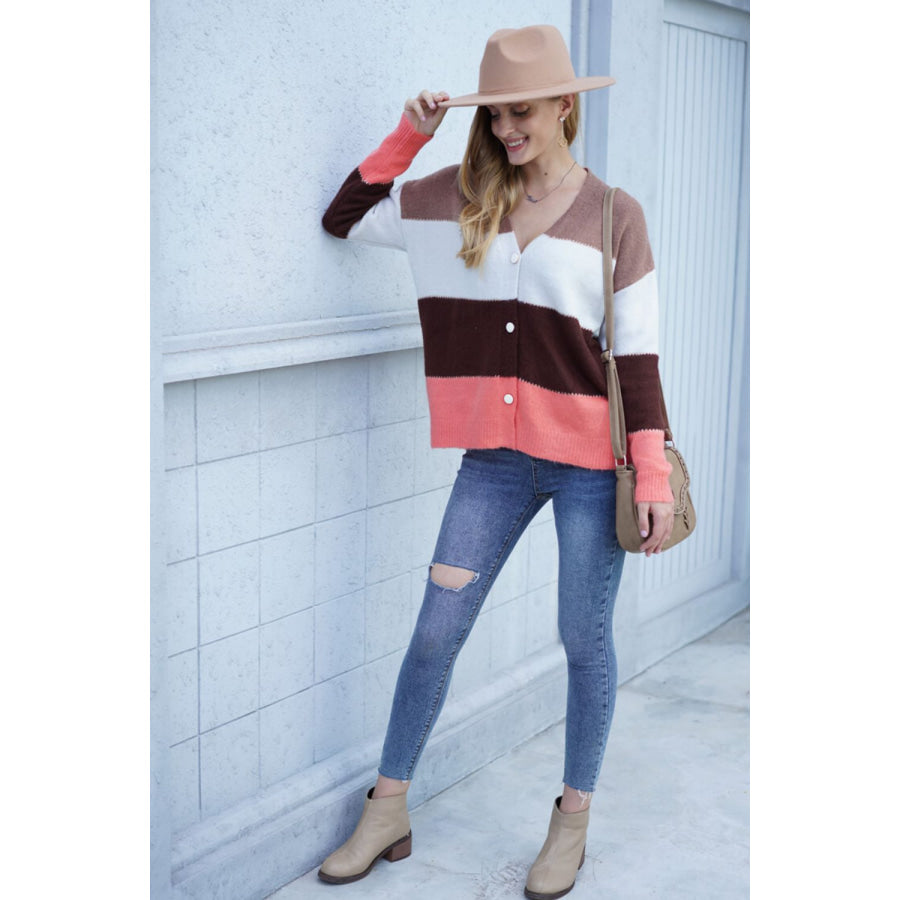 Color Block V-Neck Button Down Cardigan