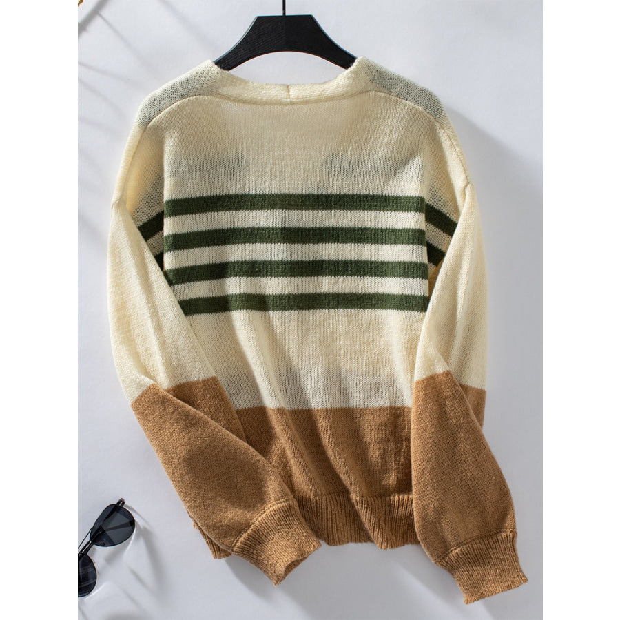 Color Block V-Neck Button Down Long Sleeve Cardigan Apparel and Accessories