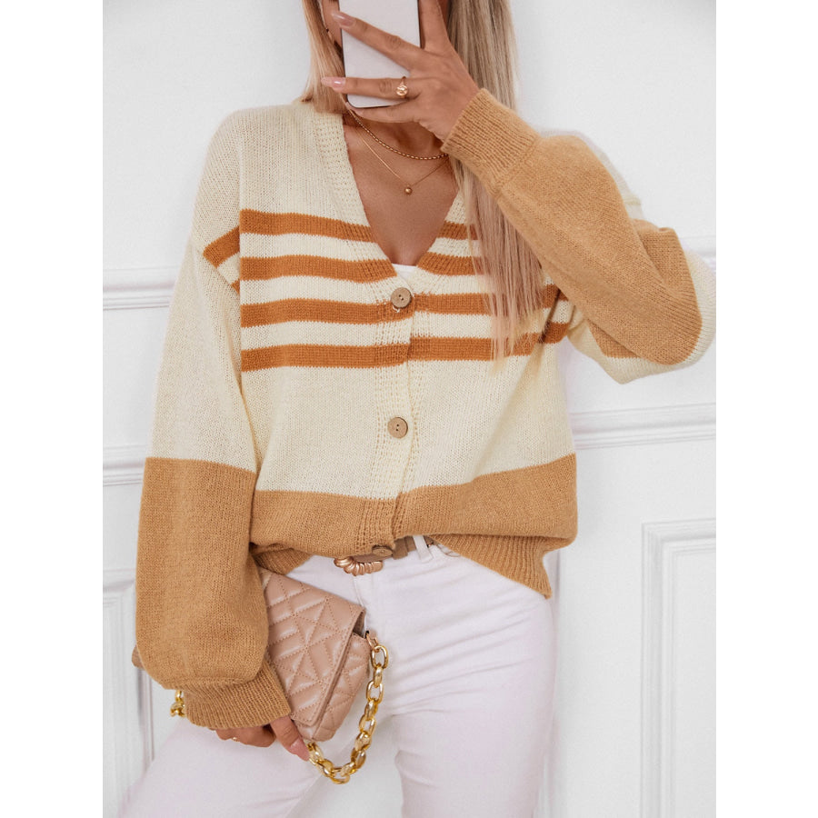 Color Block V-Neck Button Down Long Sleeve Cardigan Apparel and Accessories