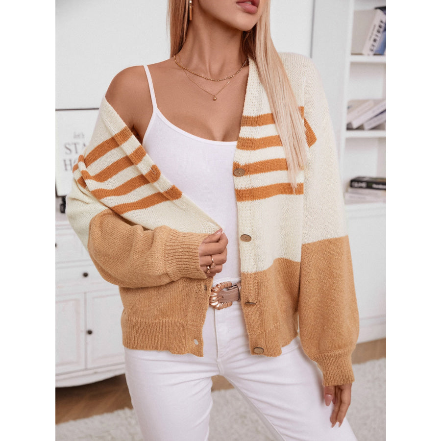 Color Block V-Neck Button Down Long Sleeve Cardigan Apparel and Accessories