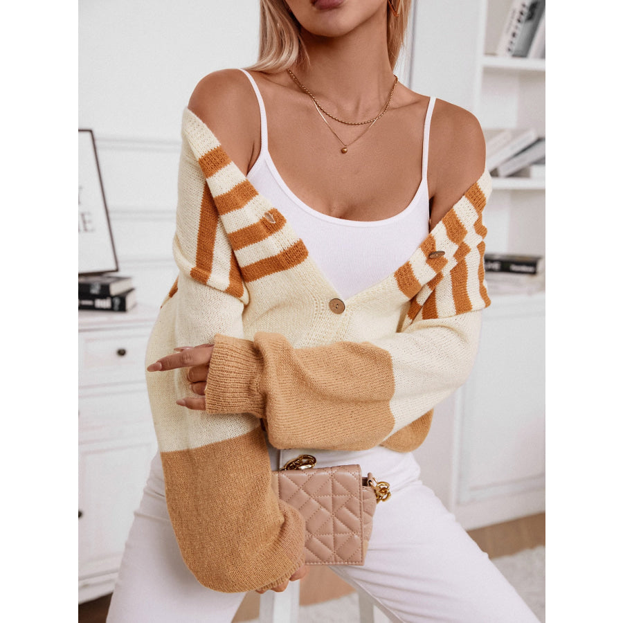 Color Block V-Neck Button Down Long Sleeve Cardigan Apparel and Accessories