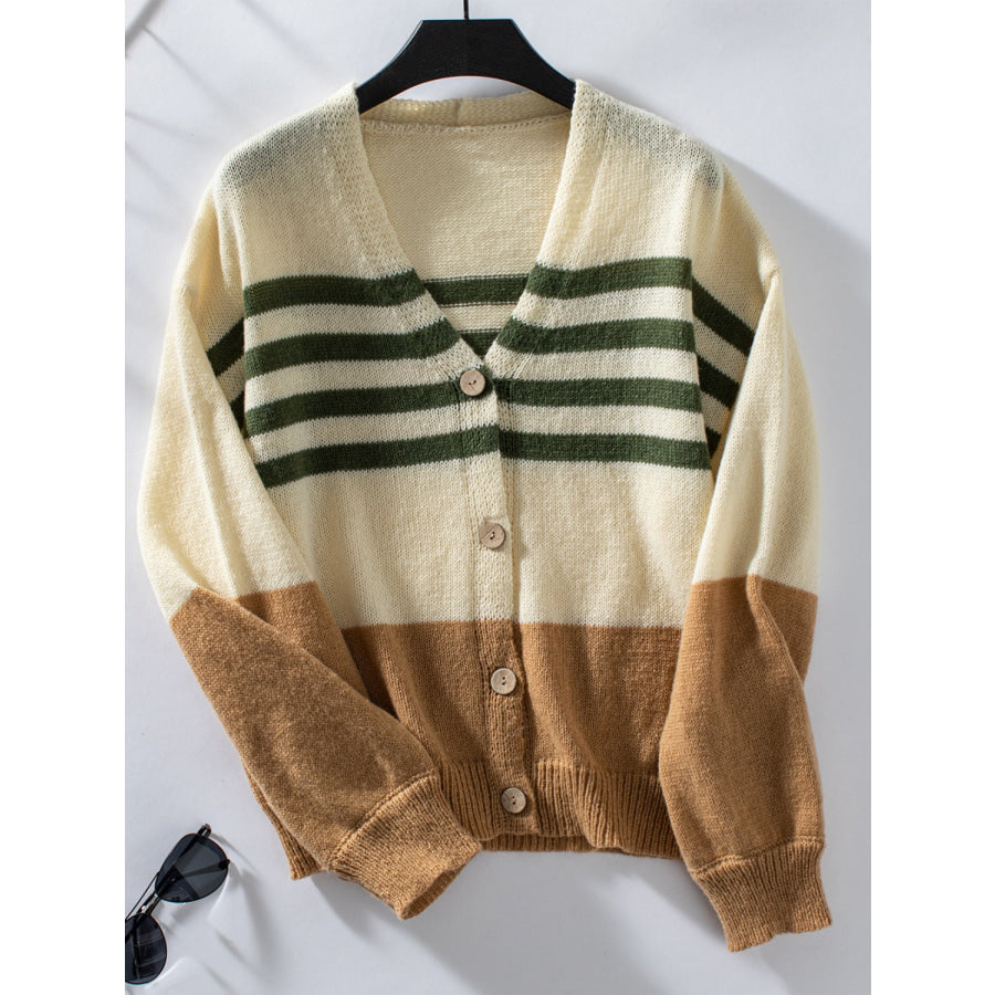 Color Block V-Neck Button Down Long Sleeve Cardigan Dark Green / S Apparel and Accessories