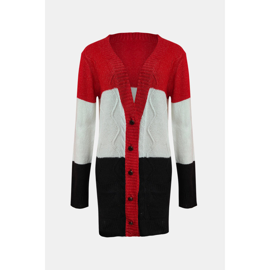 Color Block V-Neck Button Up Cardigan Scarlet / One Size Apparel and Accessories