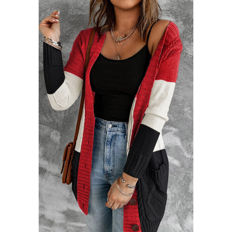 Color Block V-Neck Button Up Cardigan Scarlet / One Size Apparel and Accessories