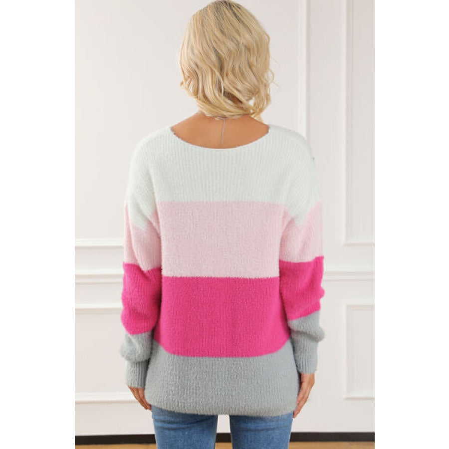 Color Block V-Neck Dropped Shoulder Sweater Blush Pink / S Apparel and Accessories