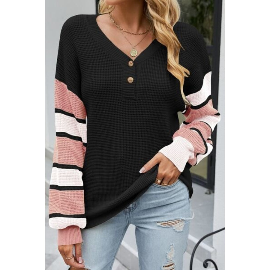 Color Block V-Neck Dropped Shoulder Sweater Black / S Clothing