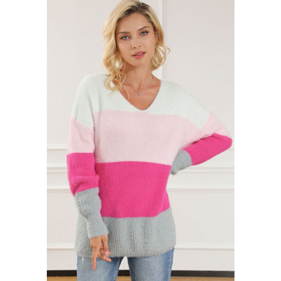 Color Block V-Neck Dropped Shoulder Sweater Blush Pink / S Apparel and Accessories