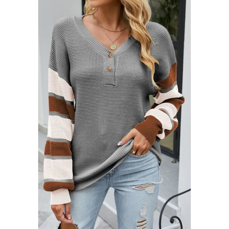 Color Block V-Neck Dropped Shoulder Sweater Charcoal / S Clothing