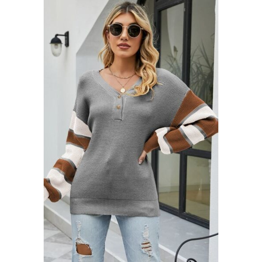 Color Block V-Neck Dropped Shoulder Sweater Clothing