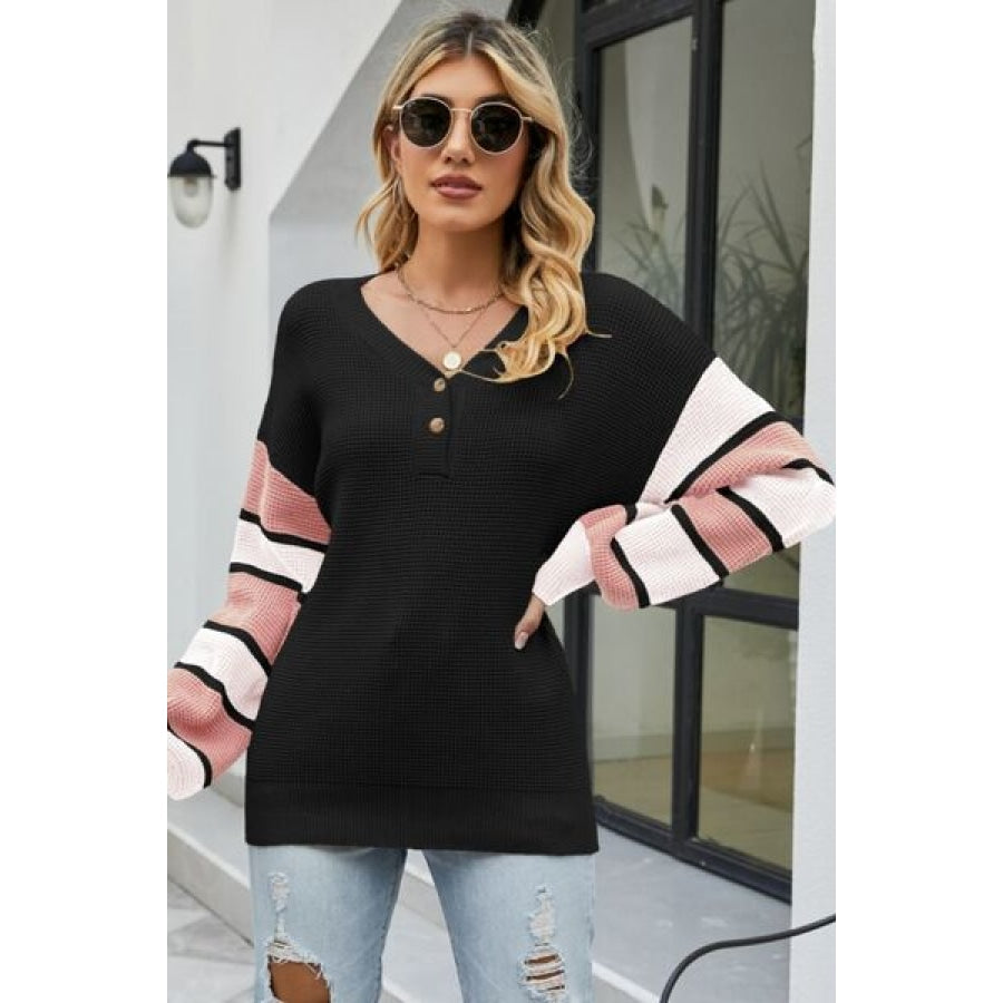 Color Block V-Neck Dropped Shoulder Sweater Clothing