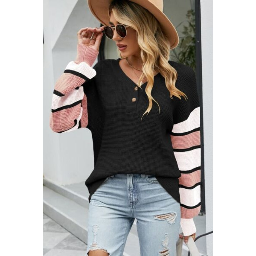 Color Block V-Neck Dropped Shoulder Sweater Clothing