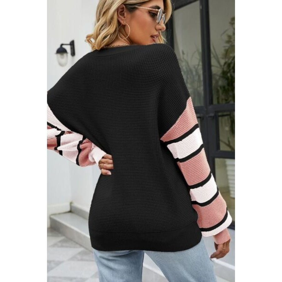 Color Block V-Neck Dropped Shoulder Sweater Clothing