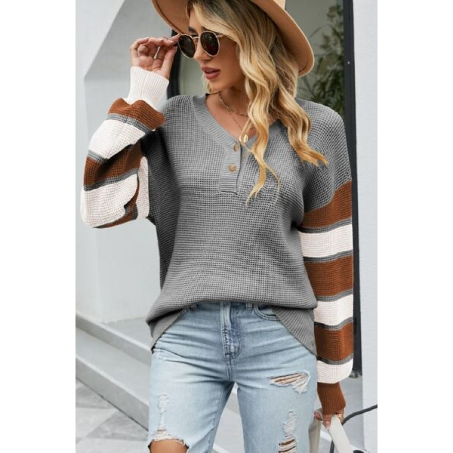 Color Block V-Neck Dropped Shoulder Sweater Clothing