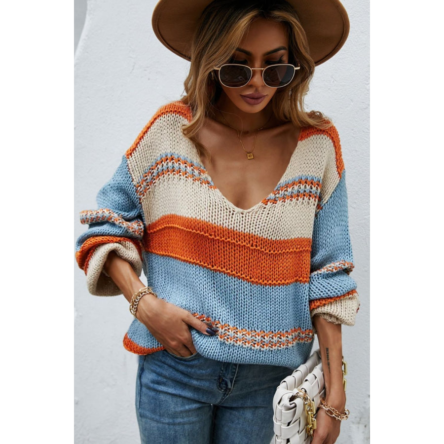 Color Block V - Neck Dropped Shoulder Sweater Ochre / S Apparel and Accessories