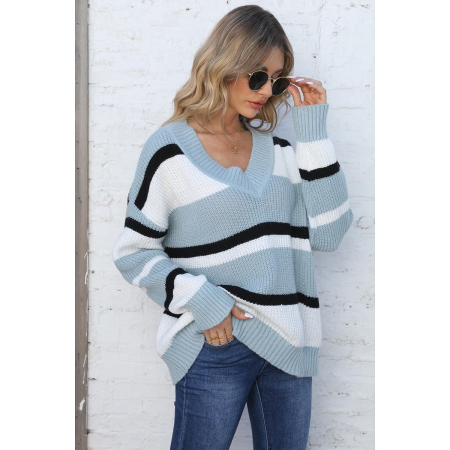 Color Block V-Neck Dropped Shoulder Sweater