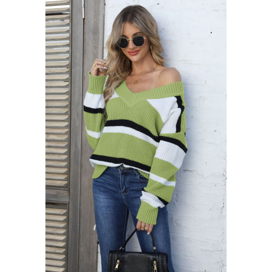 Color Block V-Neck Dropped Shoulder Sweater