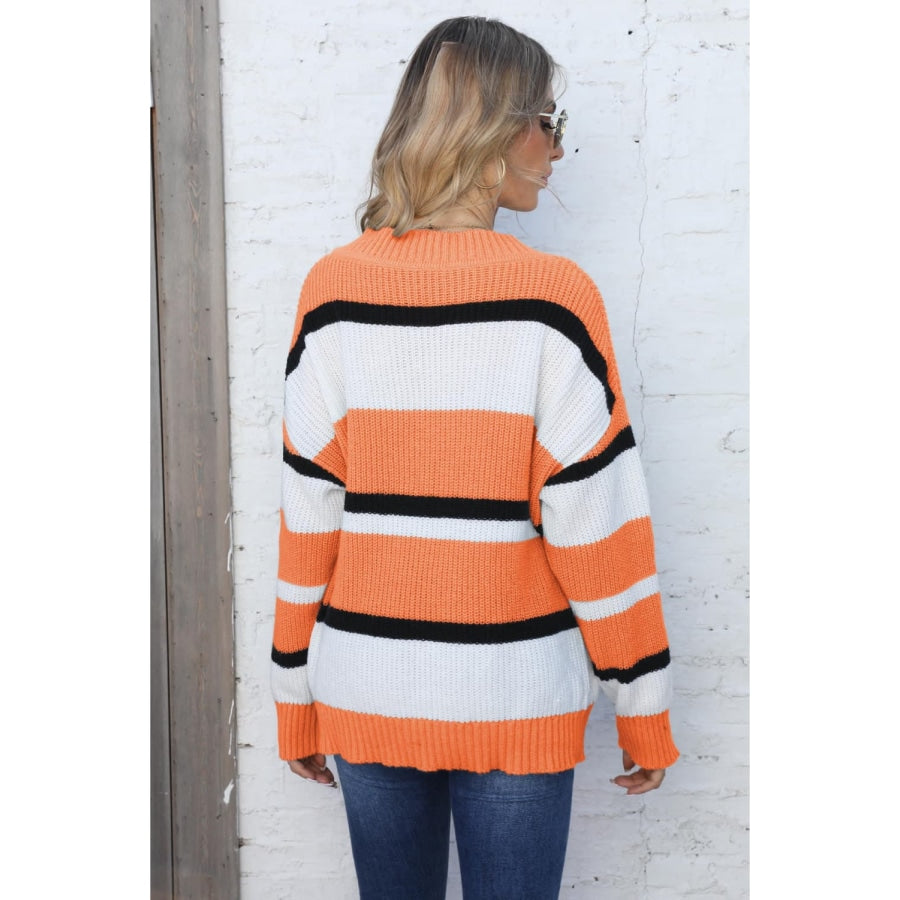 Color Block V-Neck Dropped Shoulder Sweater Tangerine / One Size