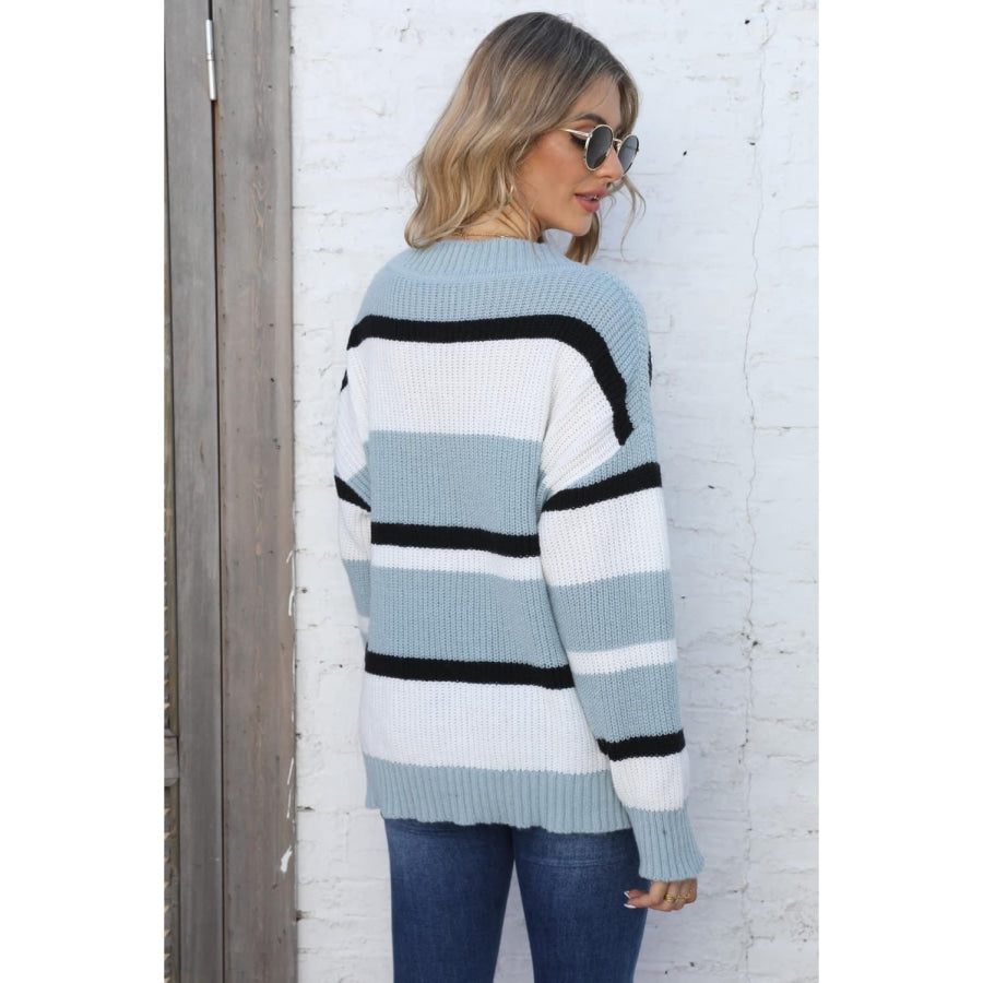 Color Block V-Neck Dropped Shoulder Sweater