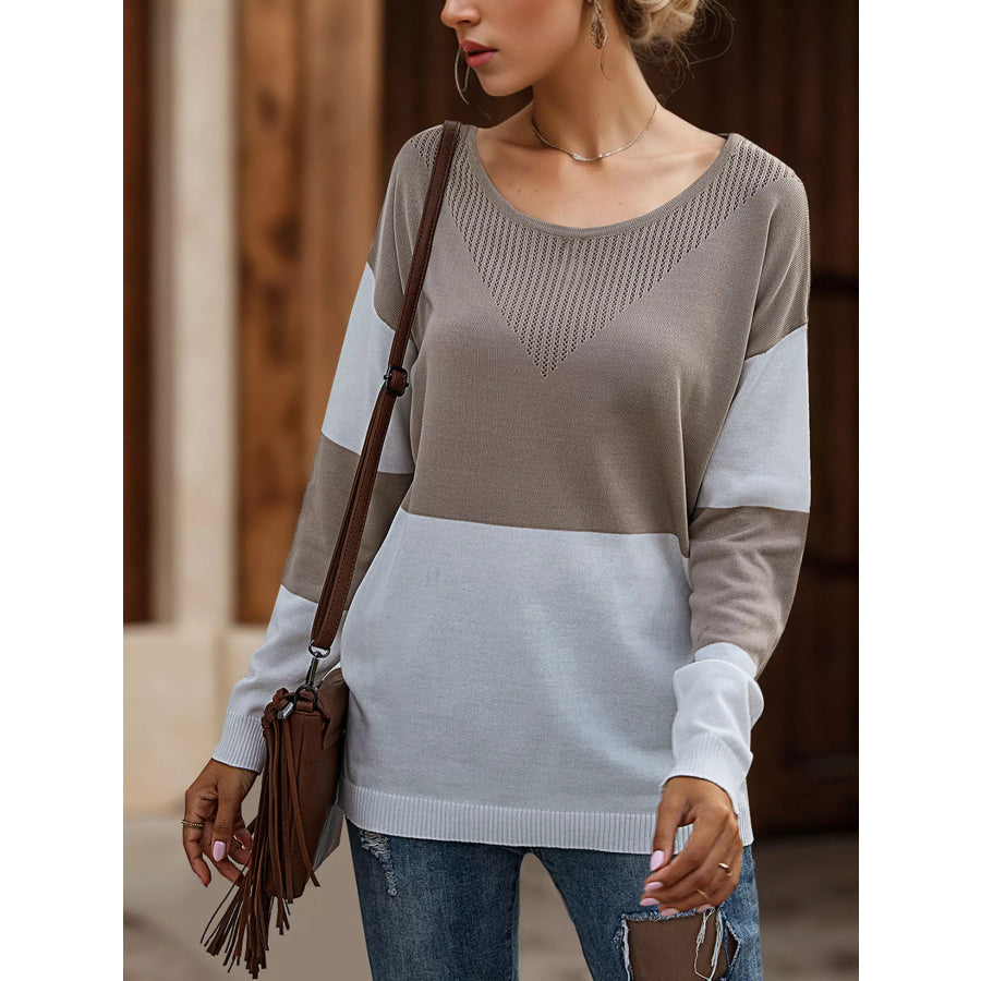 Color Block V-Neck Knit Top Apricot / S Apparel and Accessories