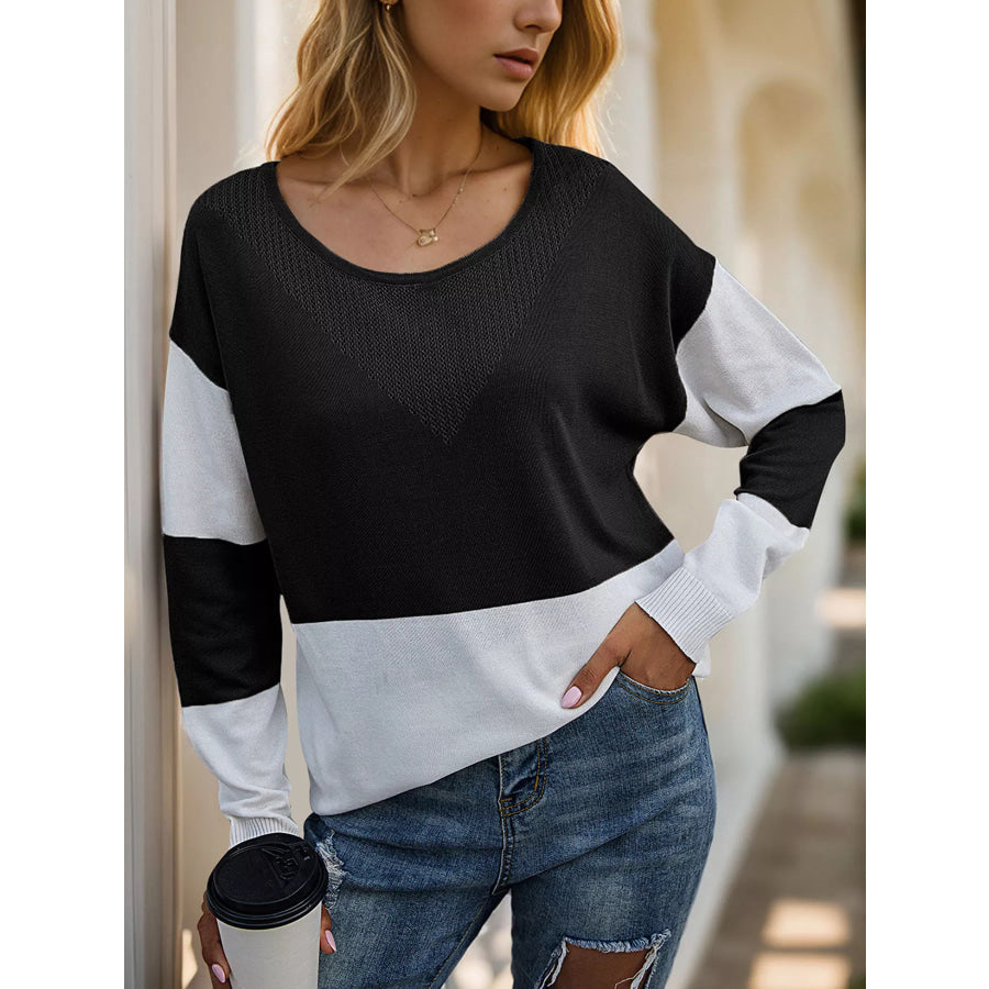 Color Block V-Neck Knit Top Black / S Apparel and Accessories
