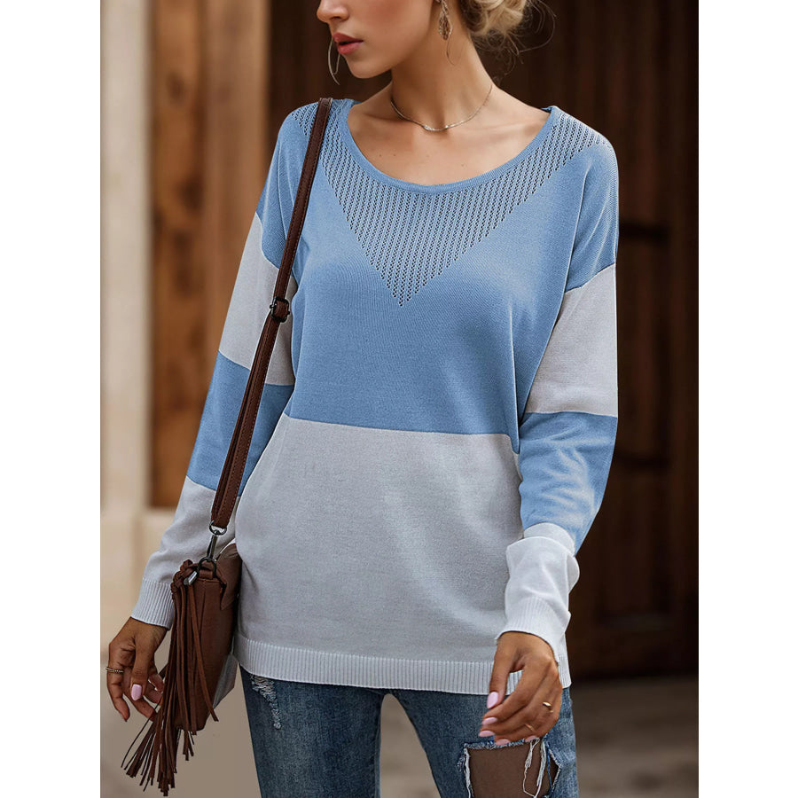 Color Block V-Neck Knit Top Sky Blue / S Apparel and Accessories