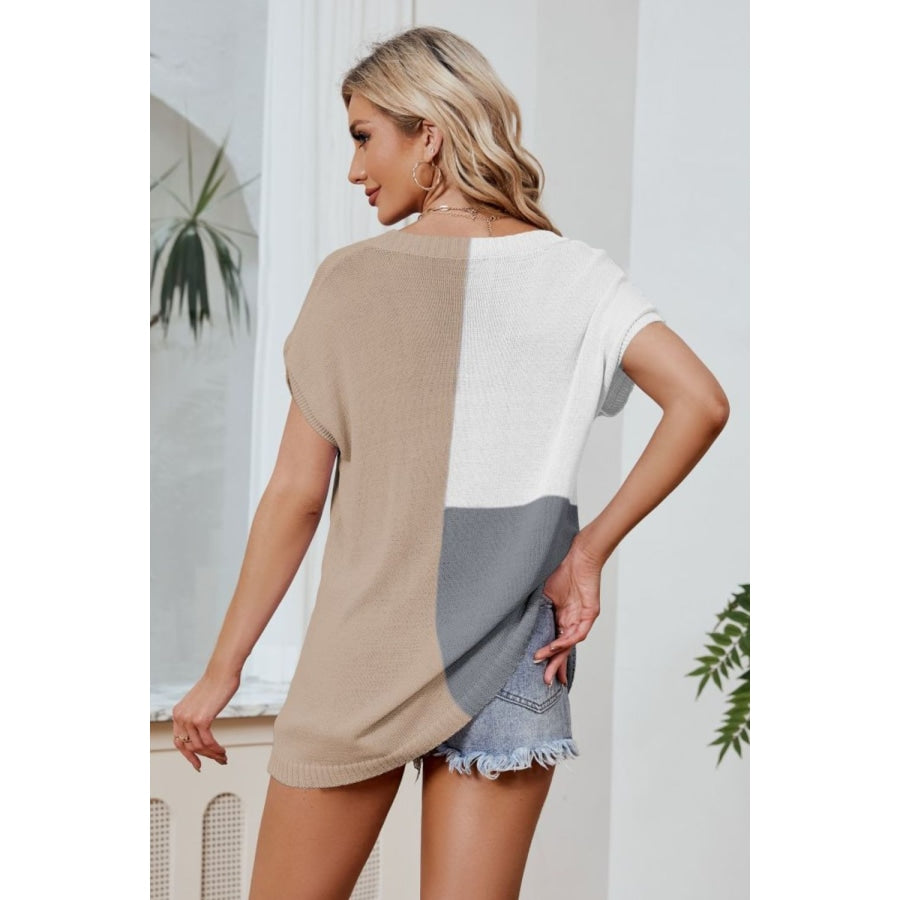 Color Block V-Neck Knit Top Tan / S