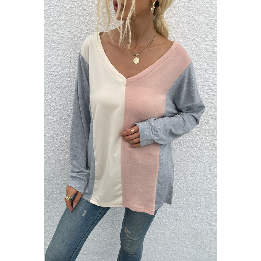 Color Block V-Neck Long Sleeve Blouse Peach / S