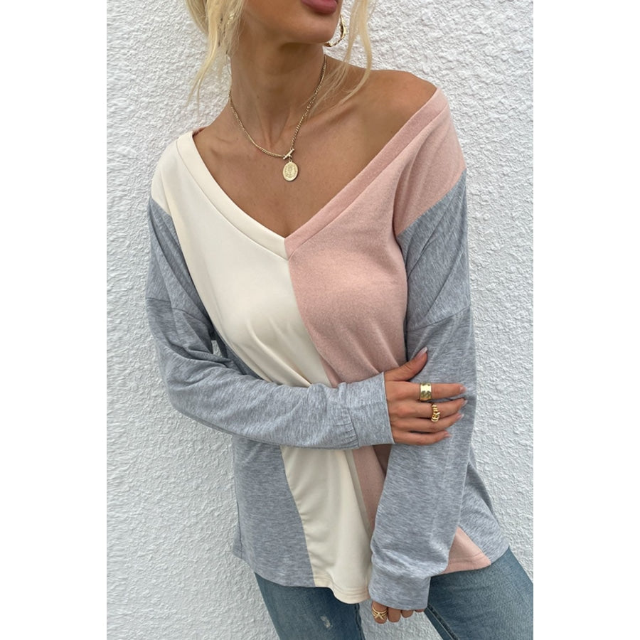 Color Block V-Neck Long Sleeve Blouse